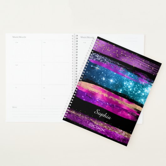 Paarse roze blauwe glitter sterren Naam penseelstr Planner (Display)