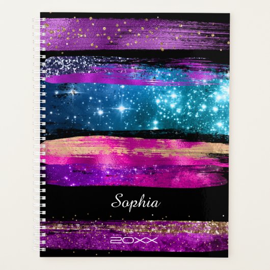Paarse roze blauwe glitter sterren Naam penseelstr Planner (Voorkant)
