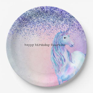 Paarse roze blauwe ombre glitter Unicorn Papieren Bordje
