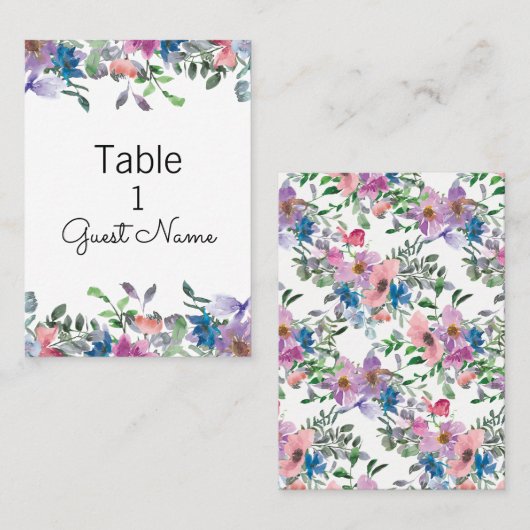 Paarse roze blauwe Waterverf Floral Wedding Guest Plaatskaartje (Voorkant / Achterkant)