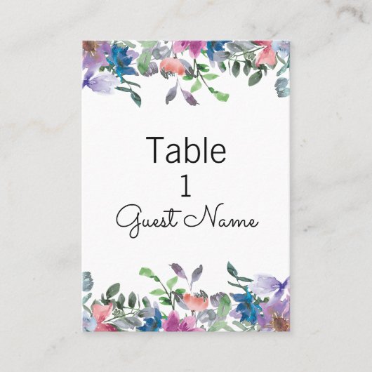 Paarse roze blauwe Waterverf Floral Wedding Guest Plaatskaartje (Voorkant)