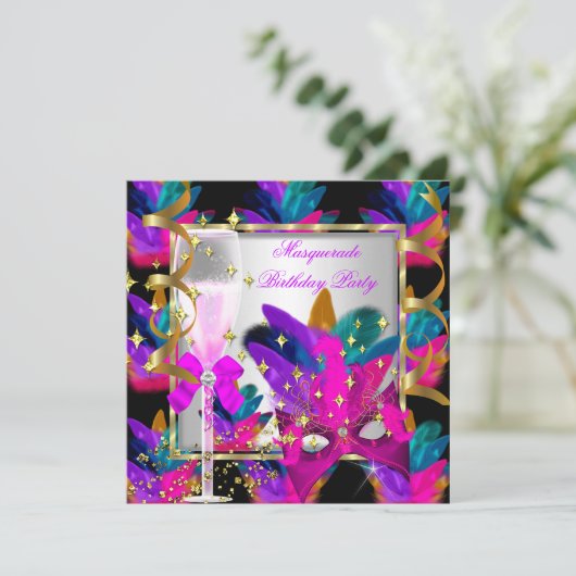 Paarse roze Blauwgroen Blauwe Masquerade Party Bir Kaart (Staand voorkant)