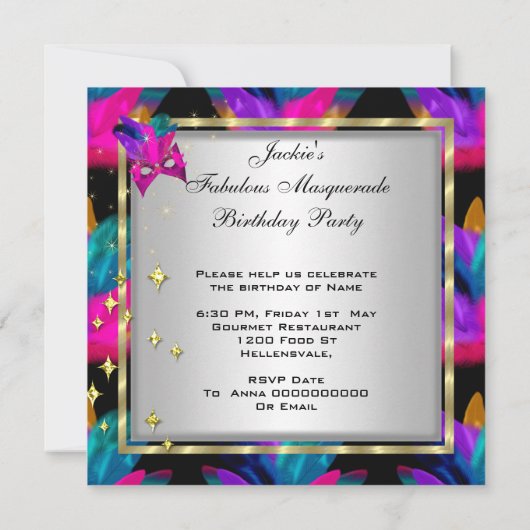 Paarse roze Blauwgroen Blauwe Masquerade Party Bir Kaart (Achterkant)