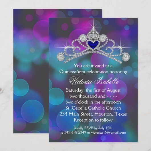 Paarse Roze Blauwgroen Blauwe Quinceanera Kaart (Voorkant / Achterkant)