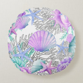 Paarse roze Blauwgroen en witte schelpen Rond Kussen