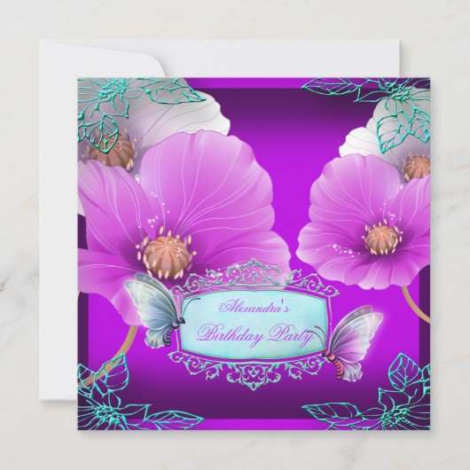 Paarse roze Blauwgroen vlinder Birthday Partij 2 Kaart (Voorkant)