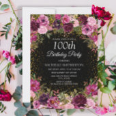 Paarse Roze Bloem Glitter Zwart 100ste Verjaardag Kaart