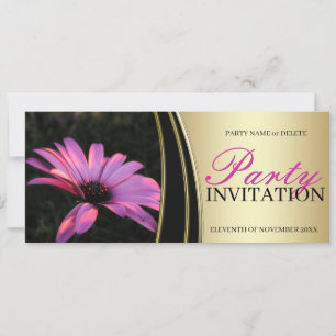 Paarse Roze Bloem & Satijnen Gouden Feest Uitnodig Kaart