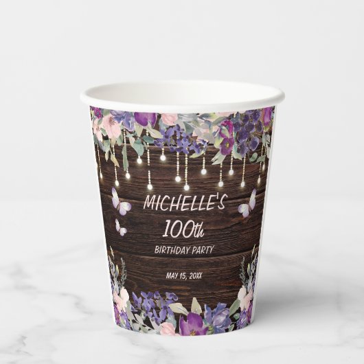 Paarse Roze Bloem Vlinder Landelijk 100ste Verjaar Papieren Bekers (Achterkant)