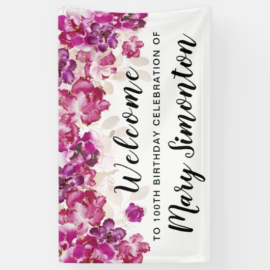 Paarse Roze Bloemen 100ste Verjaardagsfeestje Welk Spandoek (Verticaal)