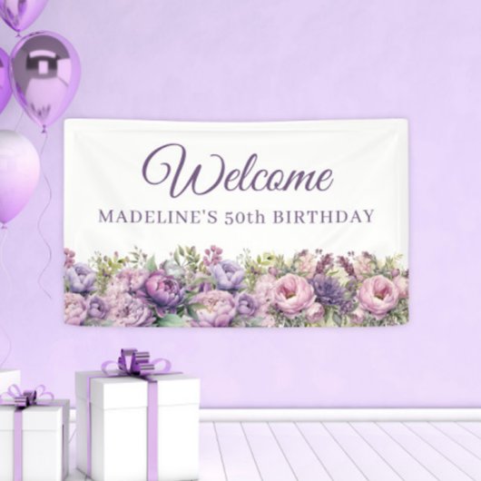 Paarse Roze Bloemen 50ste Verjaardag Welkom Spandoek