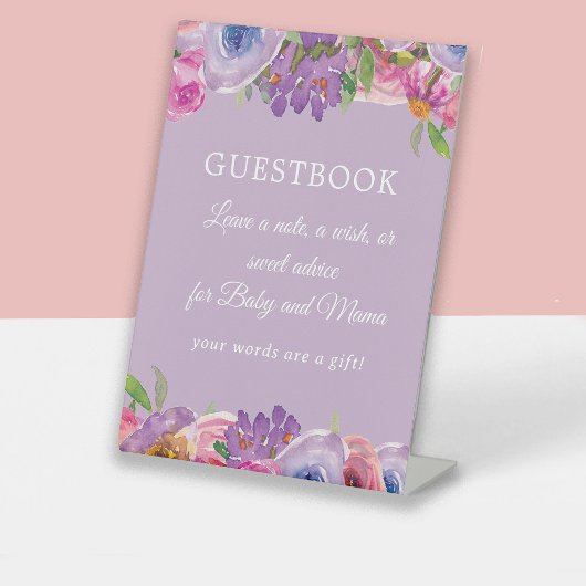 Paarse Roze Bloemen Baby Meisje Douche Guestbook Reclamebord Met Voetstuk