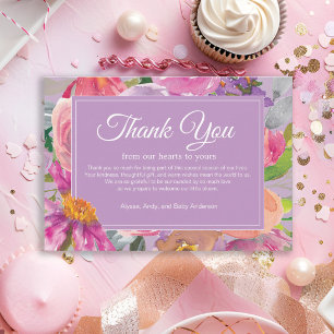 Paarse Roze Bloemen Boeken voor Baby shower Bedankkaart