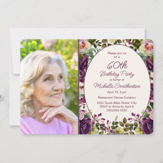 Paarse Roze Bloemen Botanische 60e Verjaardag Foto Kaart (Voorkant)