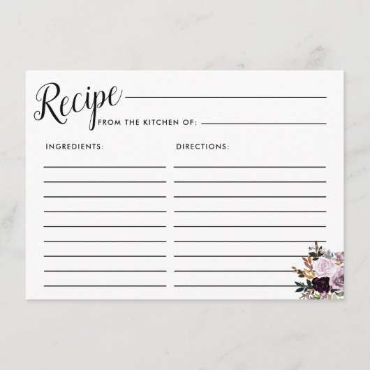 Paarse Roze Bloemen Bruids Recept Kaart (Voorkant)