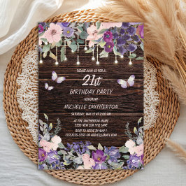 Paarse roze bloemen Butterflies Rustic Wood 21st Kaart