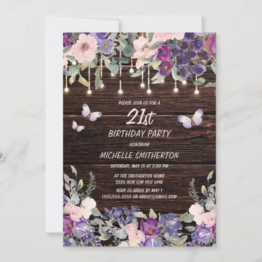 Paarse roze bloemen Butterflies Rustic Wood 21st Kaart (Voorkant)