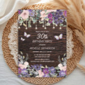 Paarse roze bloemen Butterflies Rustic Wood 30th Kaart