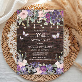 Paarse roze bloemen Butterflies Rustic Wood 30th Kaart