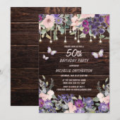 Paarse roze bloemen Butterflies Rustic Wood 50th Kaart (Voorkant / Achterkant)