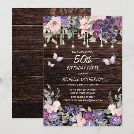 Paarse roze bloemen Butterflies Rustic Wood 50th Kaart (Voorkant / Achterkant)