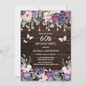 Paarse roze bloemen Butterflies Rustic Wood 60th Kaart (Voorkant)