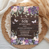 Paarse roze bloemen Butterflies Rustic Wood 60th Kaart