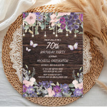 Paarse roze bloemen Butterflies Rustic Wood 70th