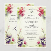 Paarse Roze Bloemen Christelijk Cross Bible Bruilo Kaart (Voorkant / Achterkant)