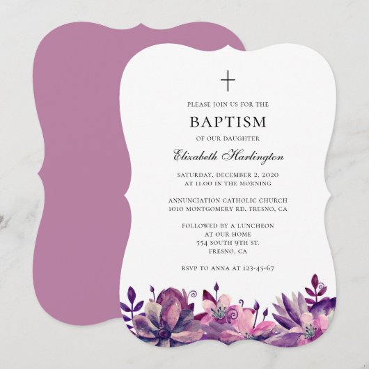 Paarse roze bloemen doop uitnodiging waterverf (Voorkant / Achterkant)