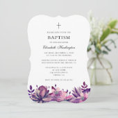 Paarse roze bloemen doop uitnodiging waterverf (Staand voorkant)