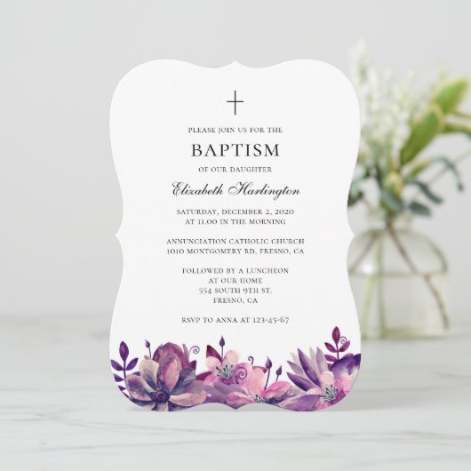 Paarse roze bloemen doop uitnodiging waterverf (Staand voorkant)