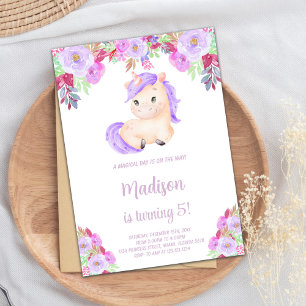 Paarse & Roze Bloemen Eenhoorn Verjaardagsuitnodig Kaart