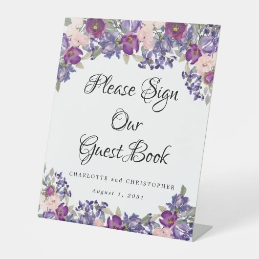 Paarse Roze Bloemen Gastenboek Reclamebord Met Voetstuk (Voorkant)