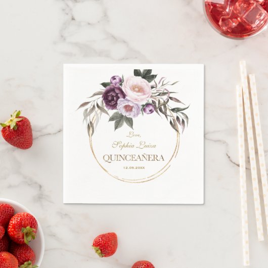 Paarse roze bloemen Gold Mis Quince Quinceañera Servet (Insitu)