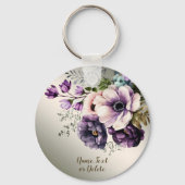 Paarse Roze Bloemen Gouden Elegant Sleutelhanger (Voorkant)
