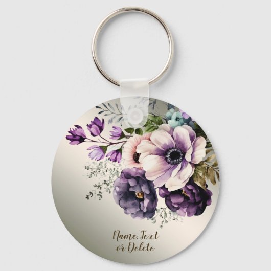 Paarse Roze Bloemen Gouden Elegant Sleutelhanger (Voorkant)
