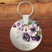 Paarse Roze Bloemen Gouden Elegant Sleutelhanger (Voorkant)