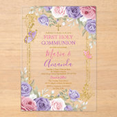 Paarse Roze Bloemen Gouden Kruis Eerste Heilige Co Acryl Uitnodigingen (Voorkant)