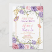 Paarse Roze Bloemen Gouden Kruis Eerste Heilige Co Kaart (Voorkant)