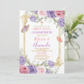 Paarse Roze Bloemen Gouden Kruis Eerste Heilige Co Kaart (Staand voorkant)