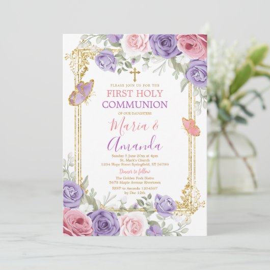 Paarse Roze Bloemen Gouden Kruis Eerste Heilige Co Kaart (Staand voorkant)