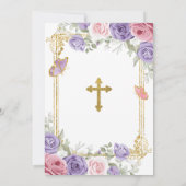 Paarse Roze Bloemen Gouden Kruis Eerste Heilige Co Kaart (Achterkant)