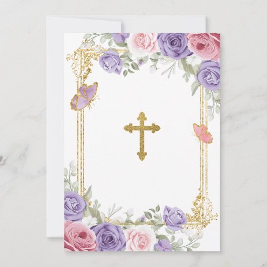 Paarse Roze Bloemen Gouden Kruis Eerste Heilige Co Kaart (Achterkant)