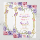 Paarse Roze Bloemen Gouden Kruis Eerste Heilige Co Kaart (Voorkant / Achterkant)