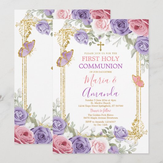 Paarse Roze Bloemen Gouden Kruis Eerste Heilige Co Kaart (Voorkant / Achterkant)