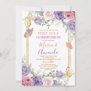 Paarse Roze Bloemen Gouden Kruis Eerste Heilige Co Kaart