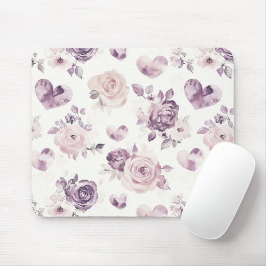Paarse Roze Bloemen & Harten Muismat (Met muis)