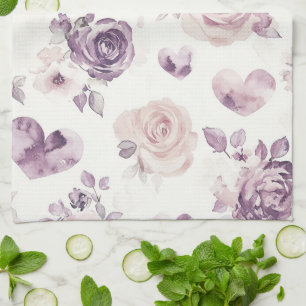 Paarse Roze Bloemen & Harten   Theedoek