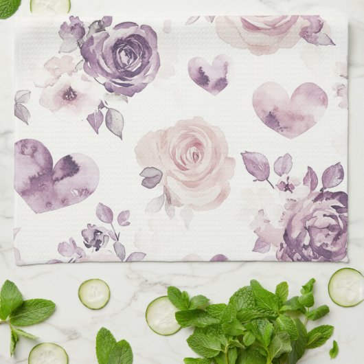 Paarse Roze Bloemen & Harten Theedoek (Gevouwen)